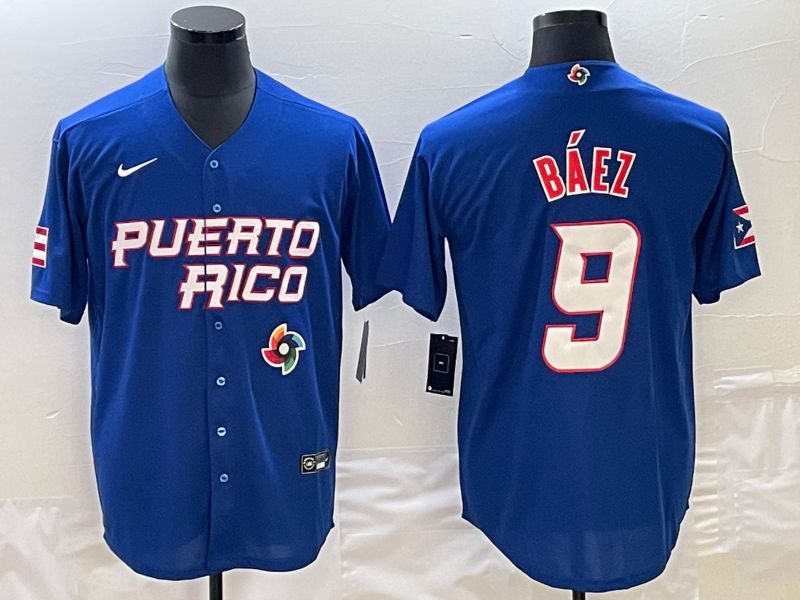 Men 2023 World Cub Puerto Rico 9 Baez Blue Nike MLB Jersey1